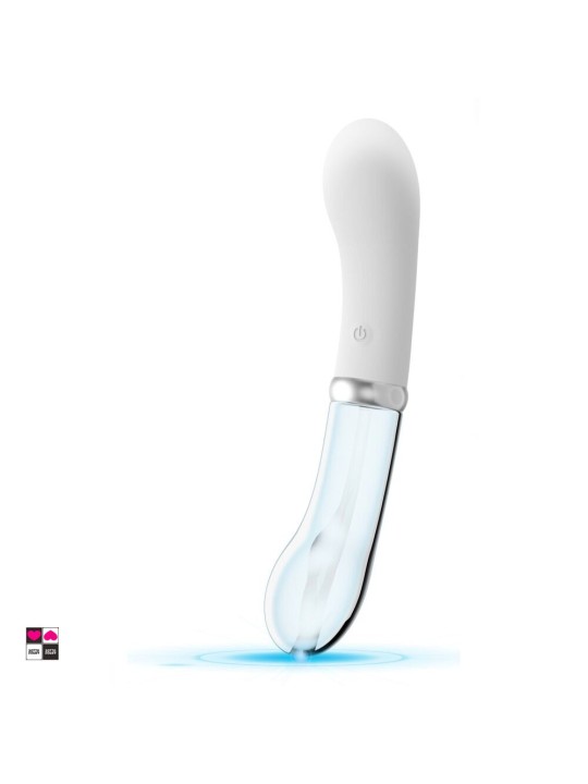 Illuminazione LED integrata nella punta in vetro. Si attiva automaticamente all'accensione del vibratore. Luce azzurra soffusa.