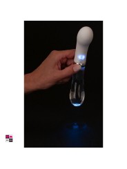 Illuminazione LED integrata nella punta in vetro. Si attiva automaticamente all'accensione del vibratore. Luce azzurra soffusa.