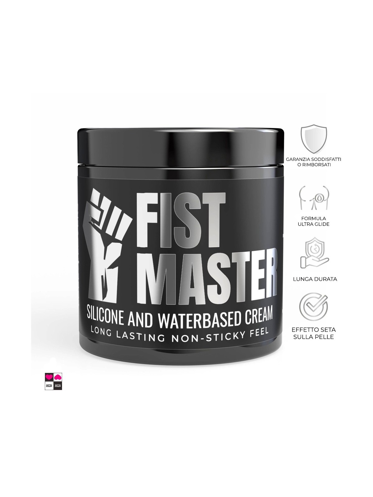Flacone da 500ml del lubrificante anale ibrido Fist Master su sfondo bianco