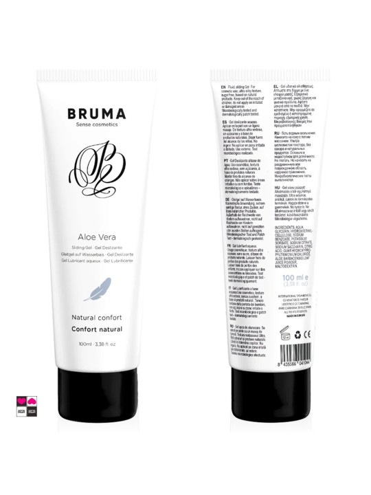 Fronte e Retro Gel Lubrificante Bruma lista ingredienti con Aloe Vera naturale e istruzioni d'uso base acqua