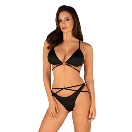 Set lingerie nero con lacci e stringhe Obsessive Cobra Nive - vista frontale indossato