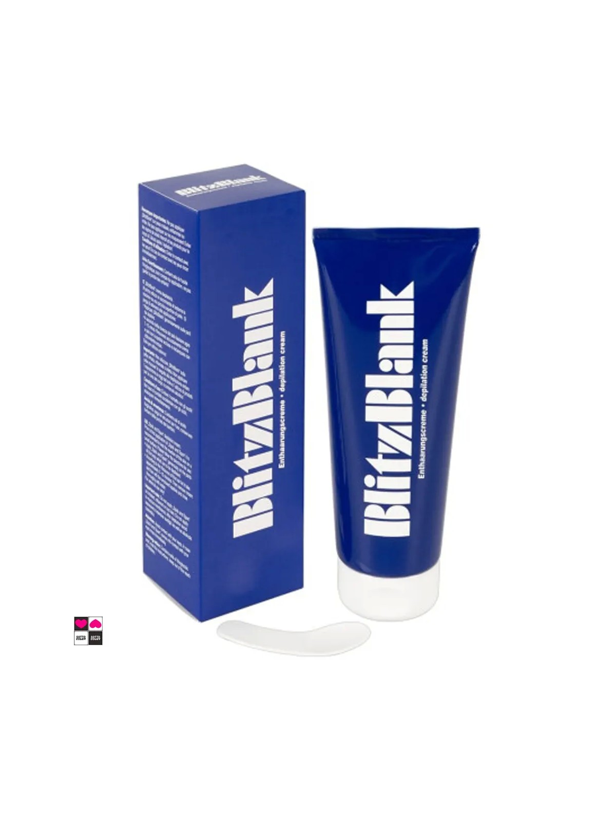 Crema depilatoria vegana BlitzBlank 250ml — confezione completa con tubo e spatola inclusa