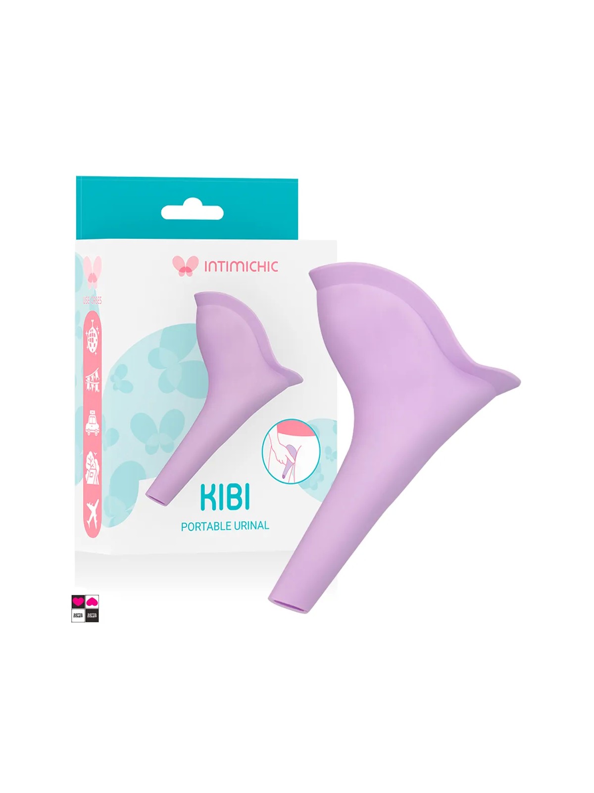 Confezione Kibi Intimichic: il tuo nuovo dispositivo per fare pipì in piedi, flessibile e tascabile.