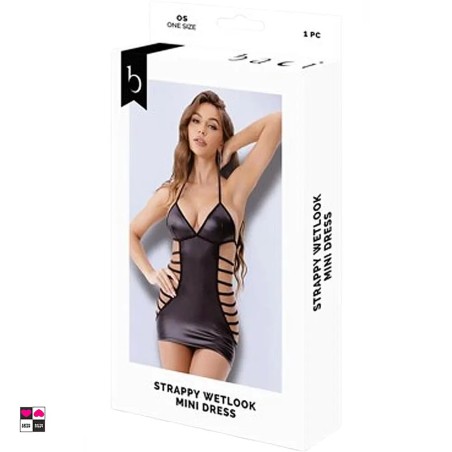 Confezione Mini abito wetlook nero Baci con fettucce laterali e schiena intrecciata