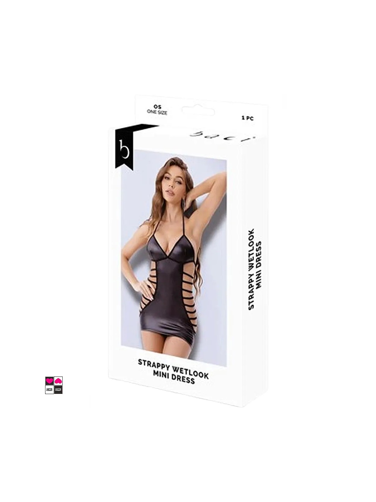 Confezione Mini abito wetlook nero Baci con fettucce laterali e schiena intrecciata