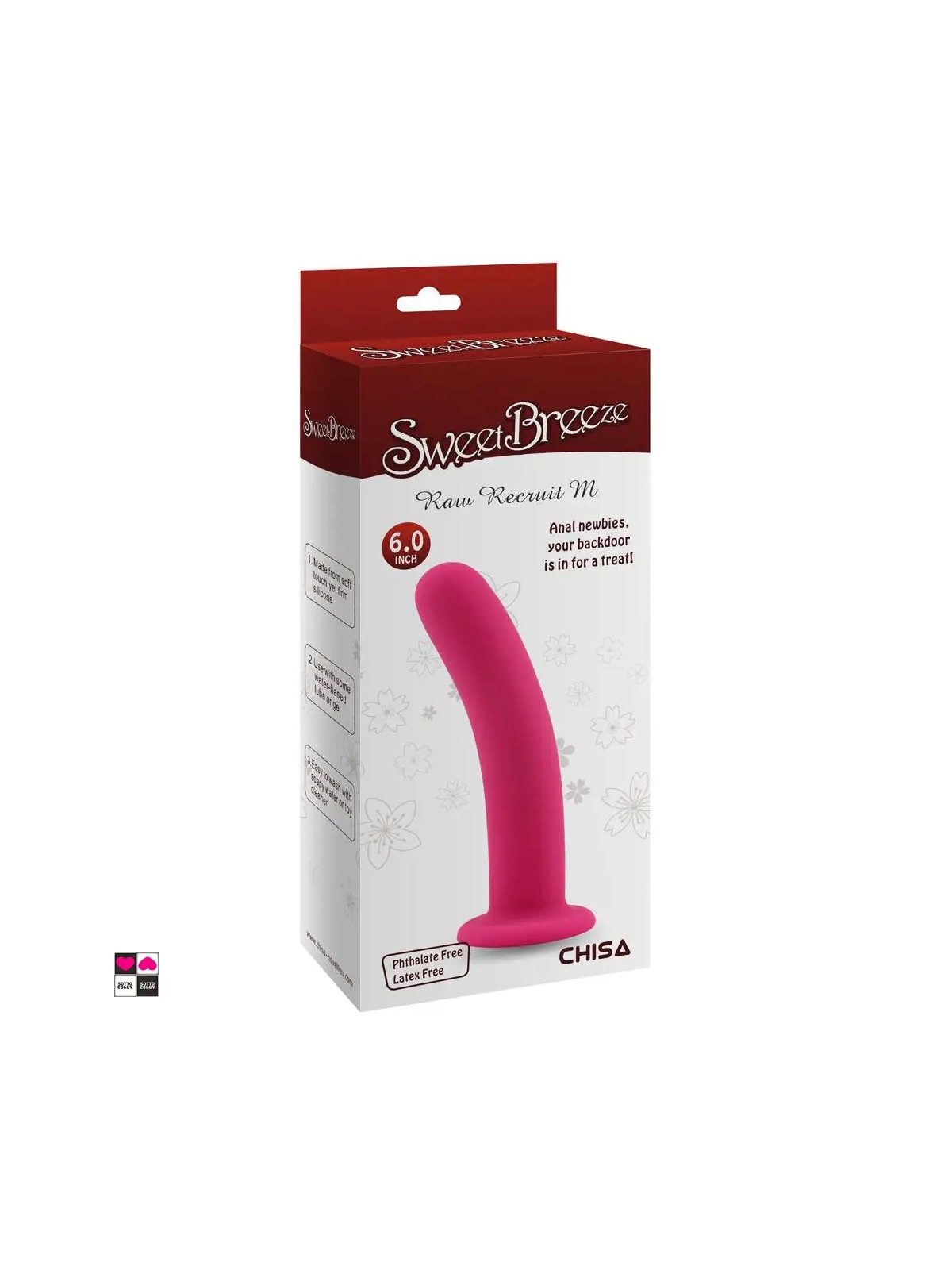 Dildo anale flessibile in silicone rosa nella sua confezione