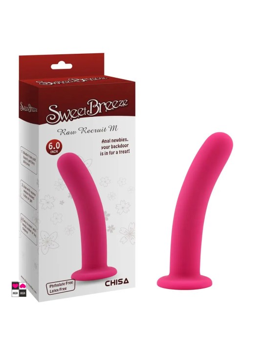 Dildo anale in silicone rosa da 15 cm accanto alla confezione